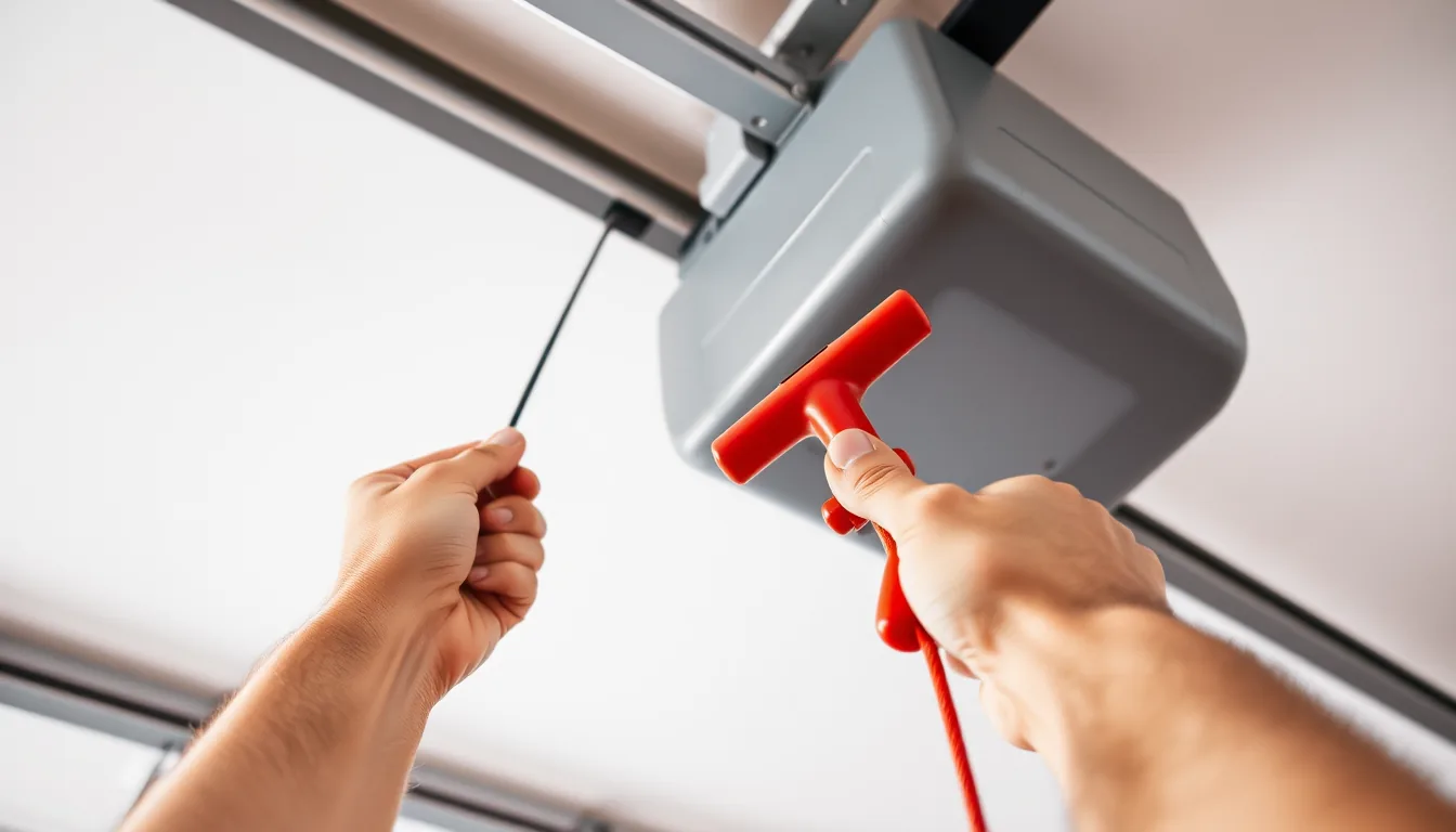Hand pulling the red emergency release cord on a garage door opener rail